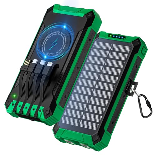 Power Bank 26800mAh mit 4 Kabeln, Wireless Solar Powerbank 15W USB-C In/Out Schnellladung 6 Ausgänge 3 Eingänge für Handy, Outdoor Externer Akku mit Taschenlampen, Karabiner von Acelufly