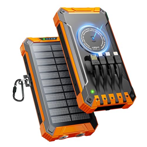 Solar Powerbank 26800mAh mit 4 Kabeln, Wireless Solar Powerbank USB-C 15W Schnellladung 6 Ausgänge 3 Eingänge für Handy Tablets, Wasserdichtes Solar Ladegerät Externer Akku mit Taschenlampe, Karabiner von Acelufly
