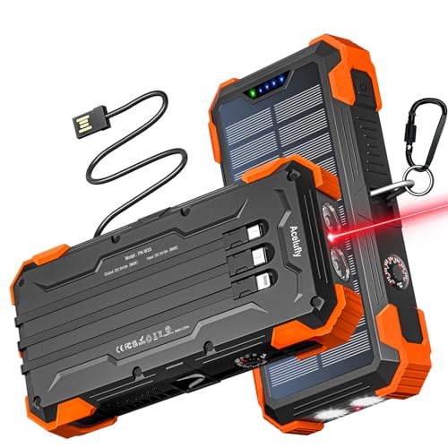 Solar Powerbank 38800 mAh mit 4 Kabeln, Powerbank USB-C Schnellladung 5 Ausgänge 3 Eingänge für Handy Tablets, Outdoor Solarladegerät Externe Akkus mit Taschenlampe (SOS), Rotes Licht, Thermometer von Acelufly