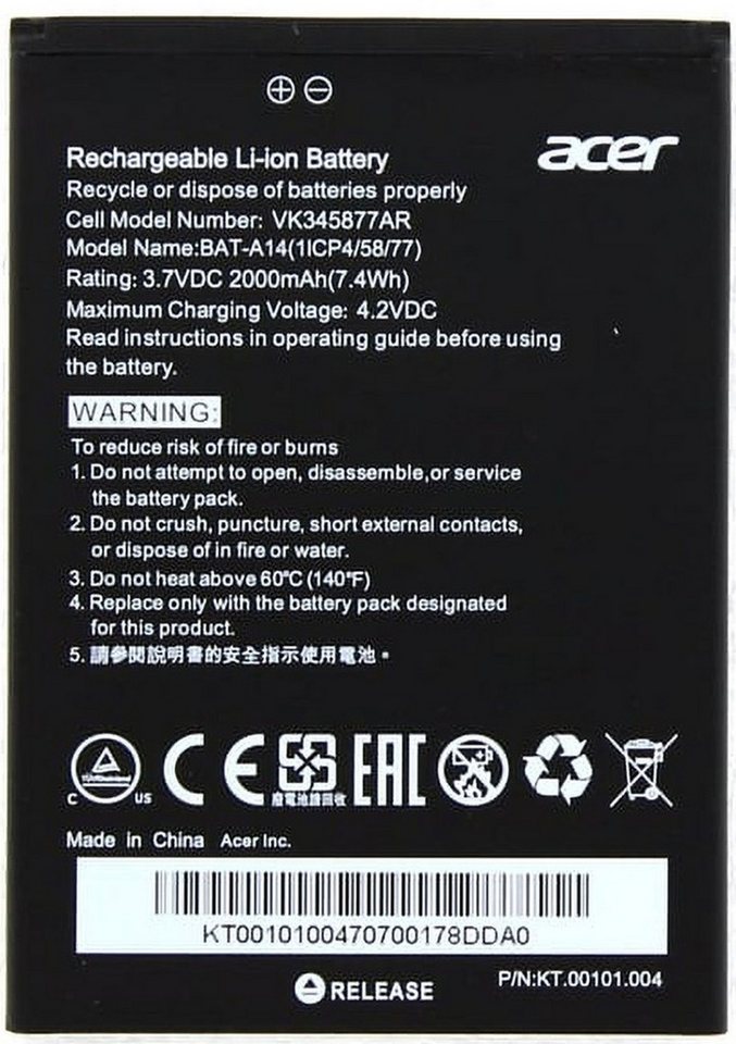 Acer Akku für Acer KT.00101.002 Li-Ion 3,7 Volt 2000 mAh schwarz Handy-Akku 2000 mAh (3.7 V) von Acer