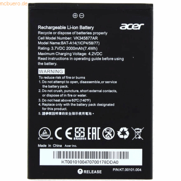Acer Akku für Acer KT.00101.002 Li-Ion 3,7 Volt 2000 mAh schwarz von Acer