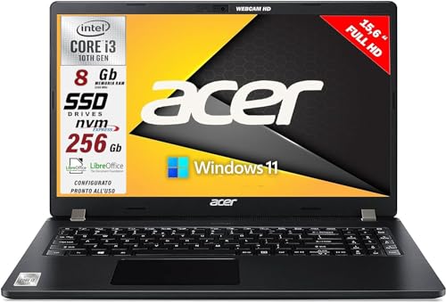 Acer Notebook travelmate Intel i3 10th 12GB RAM M.2 Pci 256GB SSD 15.6 Full HD Display 3x USB Wi-Fi HDMI BT Win 11 Pro Libre Office Tastatur mit Hintergrundbeleuchtung - Gar. Ita von Acer