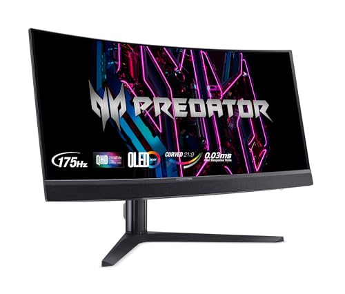 Acer Predator X34V Gaming Monitor 34 Zoll (86 cm Bildschirm) UWQHD, OLED, 175Hz DP/Type-C, 100Hz HDMI, 0.03ms(GTG), DP 1.4, Type-C 65W, 2xHDMI 2.0, Curved, höhenverstellbar, FreeSync Premium von Acer