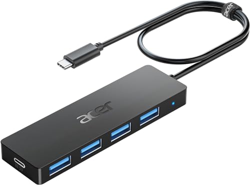 acer USB C HUB 3.0 mit USB-C-Stromversorgung, Ultra Slim Multiport Hub 4 Ports USB 3.0 Adapter für iPhone 15/16 Serie, MacBook/iPad Pro, iMac, Surface Pro, PC, Laptop, Tablets, Tastatur, Maus. -60cm von acer