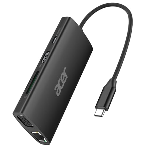 Acer USB-C-Hub mit 4K HDMI, 9-in-1-USB-C-zu-Ethernet-Adapter, 5-Gbps-USB-A-3.1-Dockingstation, PD-100W-Ladung, SD-Kartenleser, USB-zu-VGA-Splitter für MacBook, Acer, Laptops, Surface (Schwarz) von acer