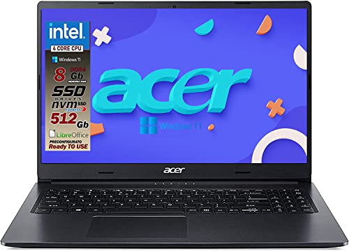 Notebook PC Acer Laptop Intel i3-1005G1 10gen 3.4 GHz. 15,6 Zoll, RAM 12 GB Ddr4, SSD Nvme 256 GB M2,Hdmi, USB 3.0, Wifi, Lan, Bluetooth, Webcam, Windows 10 Pro, Open O. Büro, Antivirus von Acer