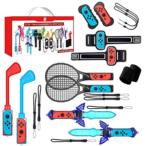 Aceshop 12 in 1 Switch Sports Zubehör Set Kompatibel mit Nintendo Switch / Nintendo Switch OLED Switch Sports Kits mit Tennisschlägern Golfschlägern Skyward Sword Wrists & Legs Straps (12) von Aceshop