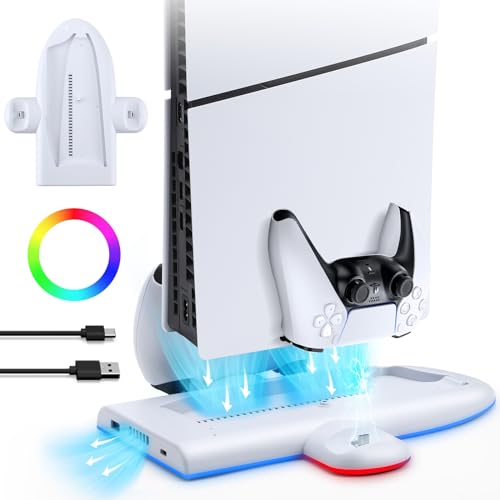 Aceshop PS5 Slim Ständer mit Lüfter für PS5 Slim-Konsole,PS5 Slim Wandhalterung mit 9 RGB-Licht PS5 Dual Controller Ladestation für DualSense/Edge PS5 Kühlstation Zubehör Set für PS5 Slim Digital/Disc von Aceshop