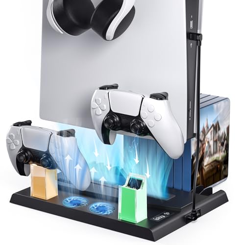 Aceshop PS5 Ständer mit PS5 Lüfter, PS5 Standfuß für PS5 Disc/Digital Edition PS5 Controller Ladestation mit Licht/Headset Halterung/PS5 Zubehör 15 Spiele Lagerung für Playstation 5 Konsole (Schwarz) von Aceshop
