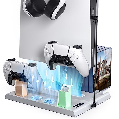 Aceshop PS5 Ständer mit PS5 Lüfter, PS5 Standfuß für PS5 Disc/Digital Edition PS5 Controller Ladestation mit Licht/Headset Halterung/PS5 Zubehör 15 Spiele Lagerung für Playstation 5 Konsole (Weiß) von Aceshop