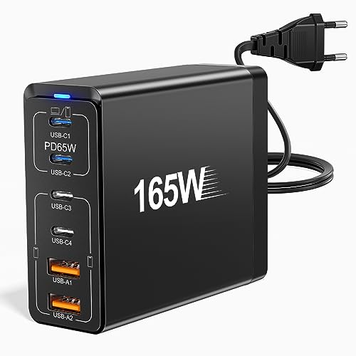 165W USB C Netzteil Schnellladegerät [4 x USB-C + 2 x USB-A], Acezeek 6-Port Ladegerät USB C Ladestation, USB Power Adapter, PD3.0 Fast Charger Kompatibel mit iPhone 12/11, Galaxy Tab S8/S7(Schwarz) von Acezeek