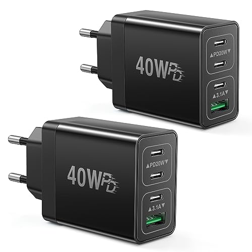Acezeek USB C Ladegerät 2er-Pack, 4-Ports Mehrfach Ladegerät mit USB-C & USB-A, 40W Schnellladegerät PD 3.0 Power Adapter Netzteil für iPhone 16 15 14 Pro Max 13 12 11 XS XR, Samsung, Handys Charger von Acezeek