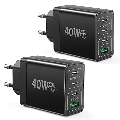 2 Pack 40W Ladegerät USB C, 4-Port USB C Stecker (3 x USB-C Ports + 1x USB-A Port), PD3.0 Fast Charger für Phone 12/11/X/XS, Samsung Galaxy S22/S20/S10/S9/S8, Note 10/9/8, Huawei P40/P30(Black) von Acezeek