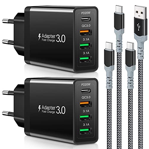 2 Stück 35W USB C Ladegerät [4-Port Upgrade], Acezeek Schnellladegerät USB Stecker mit Wandladegerät mit 2 Stück 6.6Ft 60W USB C Ladekabel kompatibel für Samsung,LG,Google Pixel 6 Tablet (Schwarz) von Acezeek