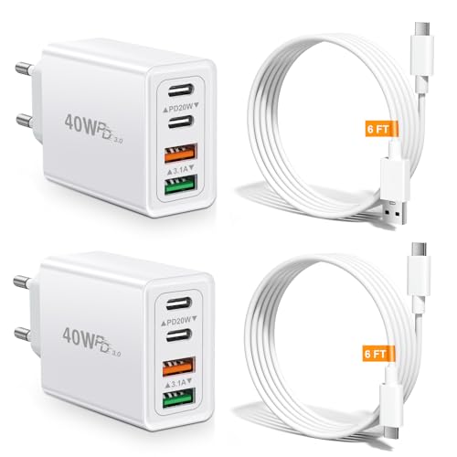 40W USB C Ladegerät Schnellladegerät(2 Ladeadapter+2 Kabel Typ C), Acezeek Netzteil USB C Ladegerät Mehrfach mit Ladekabel USB C, 4-Port Fast Charger für iPhone 15 Series, Galaxy, iPad Pro(Weiß) von Acezeek