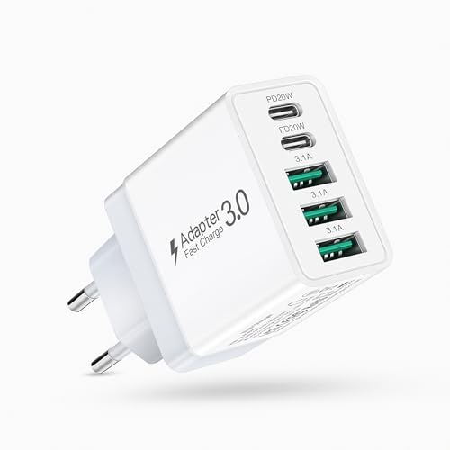USB C Ladegerät Mehrfach, 50W 5-Port USB Schnellladegerät Netzteil Stecker Adapter PD QC Ladestecker für iPhone iPhone 16 15 14 13 12 11 Pro Max & iPad, Tablets, Google, Samsung, Handys (Weiß, 1-PACK) von Acezeek
