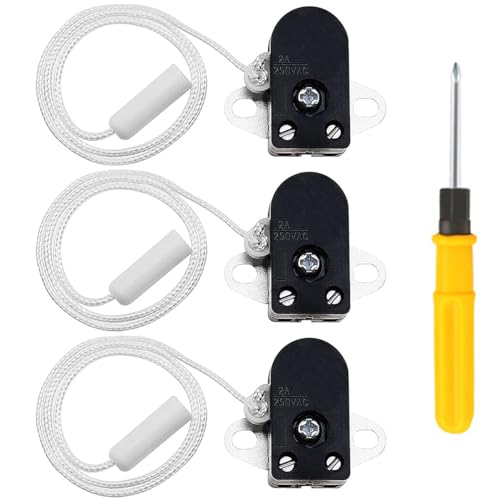 Acmerota 3 Stück Zugschalter 2A 250V AC Zugschnurschalter, seitliche Betätigung, Mini-Zugschnurschalter, Einbau-Zugschalter für Badezimmerleuchte, Wandleuchte mit Schraubendreher von Acmerota