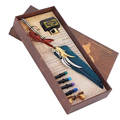 Acouto Federstift Kalligraphie Schreiben Vintage Set Metal R Dip Quill Kit mit Tinte SAC SP270Burgundy Feather Penwriting Feather Penwriting Pen SetFeather Pen mit Inkfeder (Navy blau) von Acouto