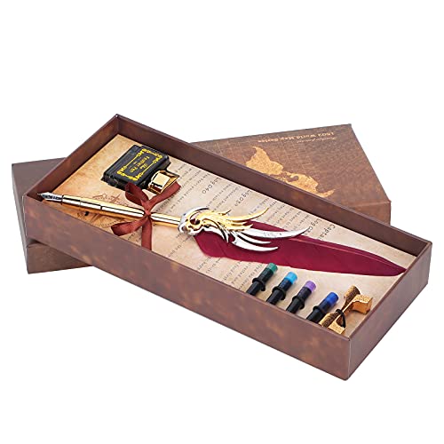 Acouto Federstift Kalligraphie Schreiben Vintage Set Metal R Dip Quill Kit mit Tinte SAC SP270Burgundy Feather Penwriting Feather Penwriting Pen SetFeather Pen mit Inkfeder (WINE RED) von Acouto