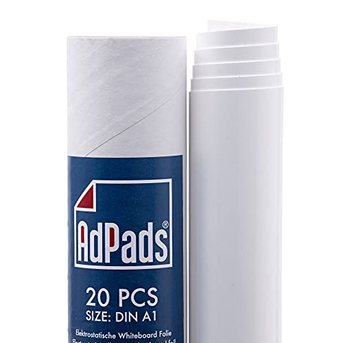 AdPads® Elektrostatische Whiteboard Folie A1 | Selbstklebendes Flipchart-Papier, 20 Blatt, weiß | Static Sticky Whiteboard Paper | Haftet auf allen Oberflächen, beweglich und verschiebbar von AdPads