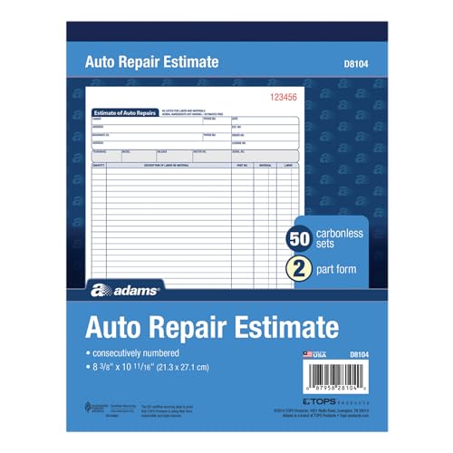 Adams Auto Repair Estimate Book, 2-Part, Carbonless, White/Canary, 8-3/8 x 10-11/16 Inches, 50 Sets per Book (D8104) von Adams