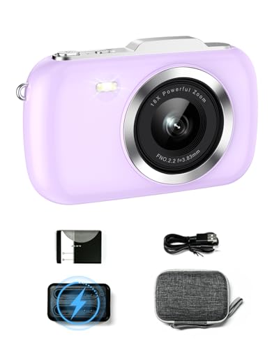 Ade 4K Digitalkamera, 64MP Autofokus Fotoapparat Digitalkamera mit 32GB Karte 18X Digitalzoom Tragbare Kamera Kompaktkamera für Einsteiger und Kinder, Ladestation, Kameratasche, Lila von Ade
