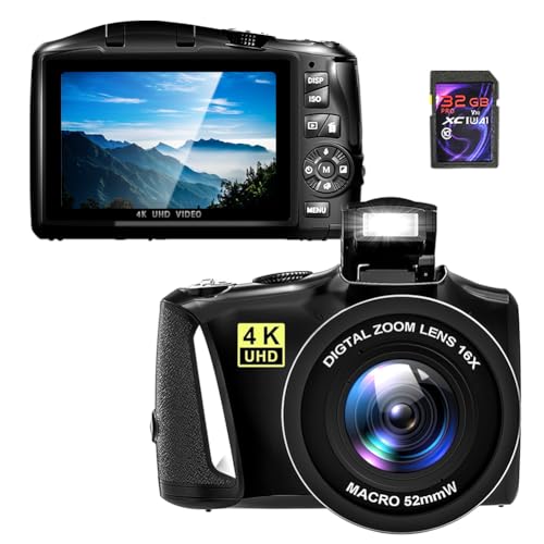 Ade Digitalkamera, 48MP 4K UHD Fotokamera mit 16x Digitalzoom und Makro-Objektiv, Kompaktkamera mit rotierendem Armaturenbrett für Jugendliche, Anfänger, Erwachsene, 32 GB SD-Karte von Ade