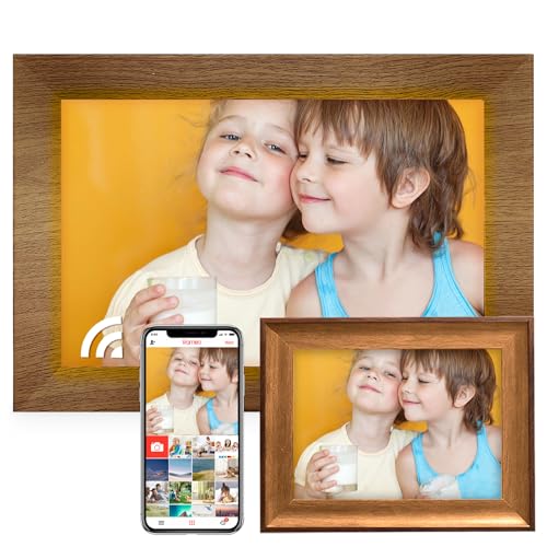 Digitaler Bilderrahmen 10,1 Zoll + Bilderrahmen aus Holz 6 Zoll, WiFi, mit 32 GB Speicher 1280 x 800, IPS-Touchscreen, Vollsensor, Foto-/Video-Sharing über Frame (Holzfarbe) von Ade