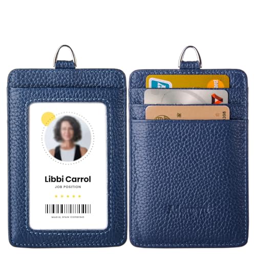 Cow Leather ID Badge Holder with Lanyard(Full Grain Leather,3"*4.5"),1 Clear ID Window and 3 Card Slots, Nylon Neck Lanyard with rotatable and Removable Metal Clasp, Vertical Name Badge Holders von Adenpvn