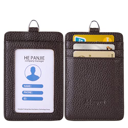 Cow Leather ID Badge Holder with Lanyard(Full Grain Leather,3"*4.5"),1 Clear ID Window and 3 Card Slots, Nylon Neck Lanyard with rotatable and Removable Metal Clasp, Vertical Name Badge Holders von Adenpvn