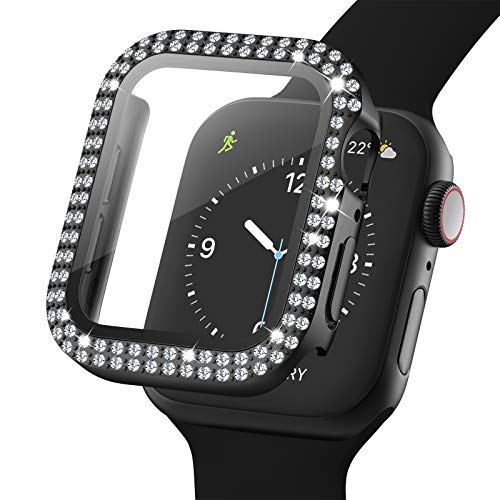 Adepoy Glitzer Gehäuse für Apple Watch 40mm Serie 6/5/4/SE mit Hartglas Displayschutz, Doppelter Diamant Strassstein, Voller Ultradünner Puffer Schutzhülle für iWatch Frauen Mädchen (Schwarz) von Adepoy