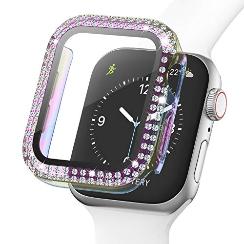 Adepoy Glitzer Gehäuse für Apple Watch 44mm Serie 6/5/4/SE mit Hartglas Displayschutz, Doppelter Diamant Strassstein, Voller Ultradünner Puffer Schutzhülle für iWatch Frauen Mädchen(Bunt) von Adepoy