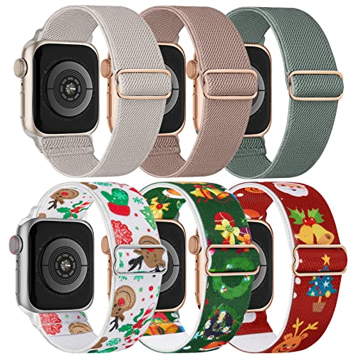 Adepoy Weihnachten Solo Loop Elastisches Armband Kompatibel mit Apple Watch 38mm 40mm 41mm, Nylon Stoff Band für Apple Watch Series 7/SE/6/5/4/3/2/1, 6 Stück von Adepoy