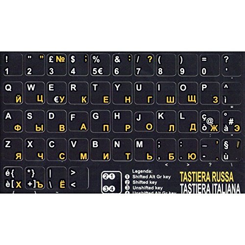 AdesiviTastiera.it Aufkleber für Tastatur, mit schwarzem Hintergrund, russische/ukrainische Buchstaben in gelber Farbe und italienische in weißer Farbe von AdesiviTastiera.it