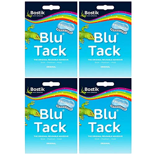 Blu-Tack Original Bostik, wiederverwendbar, klebrig, blau, selbstklebend, für Zuhause, Schule, Büro, Wände, Hacks und Klebeband, DIY, starker Halt, dehnbar (4 x Packungen BLU TACK) von Adhesive
