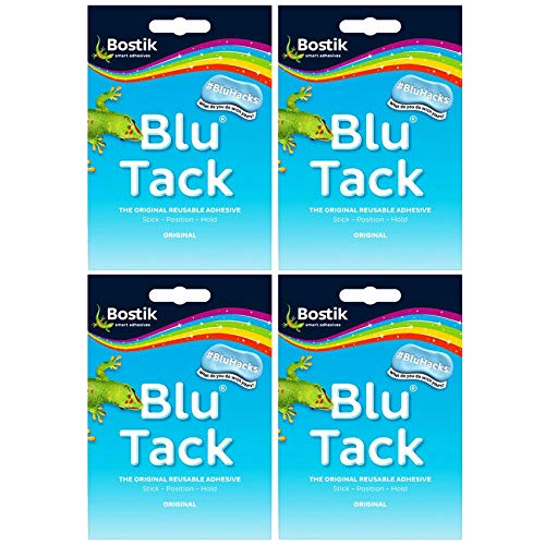 Blu-Tack Original Bostik, wiederverwendbar, klebrig, blau, selbstklebend, für Zuhause, Schule, Büro, Wände, Hacks und Klebeband, DIY, starker Halt, dehnbar (4 x Packungen BLU TACK) von KAV