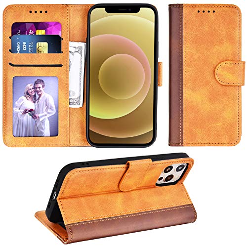 Adicase Handyhülle für iPhone 12, Premium Leder Hülle Flip Case Cover Schutzhülle für iPhone 12 / iPhone 12 Pro Tasche (Braun Streifen) von Adicase
