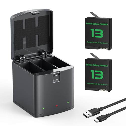 Adicop Hero 13 Akku Zubehör mit 2100mAh wiederaufladbarer Lithium-Ionen-Akku und 3 Fach Ladegehäuse Zubehör kompatibel mit Gopro Hero 13 Black Action Kamera (2 Akku + Ladegerät) von Adicop