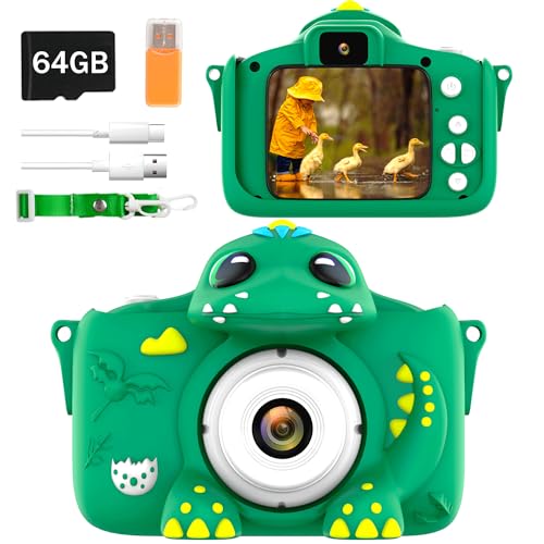 Adicop Kinderkamera Digitalkamera 1080P 2.0 Zoll Bildschirm Fotokamera Kinder Kamera Fotoapparat mit 64GB SD-Karte für 3-10 Jahre Mädchen/Jungen Geschenk Spielzeug Geburtstags Weihnachten-Dinosaurier von Adicop