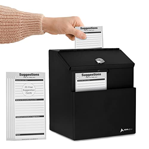 Adir Metall-Vorschlagsbox mit Schloss – Wandmontierbare Spendenbox Sammelbox Wahlurne Box Schlüsselbox mit 25 kostenlosen Vorschlagskarten – (17,8 x 21,6 x 15,2 cm, Schwarz) von Adir Corp.