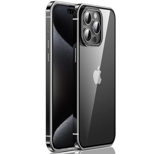 AdirMi Hülle für iPhone 15/15 Pro/15 Plus/15 Pro Max, Rahmen Aus Aluminiumlegierung, Durchsichtige PC-Rückseite, [militärischer Fallschutz], Stoßfeste Hülle, Nicht Vergilbend,Black Titanium,15 Pro von AdirMi