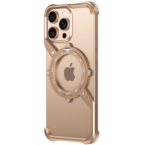 AdirMi S-förmige Metall Skelett Hülle für iPhone 14 Pro Max/14 Pro/14, ultradünn, stoßfest, Metall rahmenlos, eingebauter, um 360 Grad drehbarer Ständer [Kompatibel mit MagSafe] (Desert Titanium, 14) von AdirMi