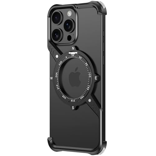 AdirMi S-förmige Metall Skelett Hülle für iPhone 14 Pro Max/14 Pro/14, ultradünn, stoßfest, Metall rahmenlos, eingebauter, um 360 Grad drehbarer Ständer [Kompatibel mit MagSafe] (Schwarz, 14 Pro Max) von AdirMi