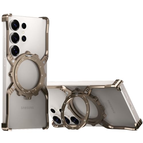 AdirMi X-förmige Metall Skelett Hülle für Samsung Galaxy S25 Ultra, Ultradünnes stoßfestes Metall Rahmenlos Eingebauter 360 drehbarer Ständer [Kompatibel mit MagSafe] (Desert Titanium) von AdirMi