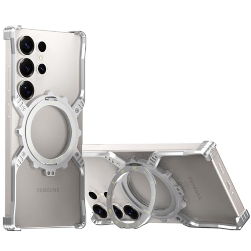 AdirMi X-förmige Metall Skelett Hülle für Samsung Galaxy S25 Ultra, Ultradünnes stoßfestes Metall Rahmenlos Eingebauter 360 drehbarer Ständer [Kompatibel mit MagSafe] (Silber) von AdirMi