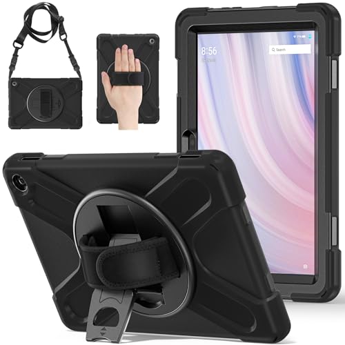 Hülle für Amazon Kindle Fire HD 10 Tablet(13th Generation,2023 Release) 10.1", Stoßfeste Silikonhülle in Militärische mit 360° Drehbare Ständer, Handschlaufe, Schultergurt,Black von AdirMi