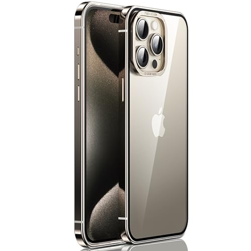 Hülle für iPhone 15/15 Pro/15 Plus/15 Pro Max, Rahmen Aus Aluminiumlegierung, Durchsichtige PC-Rückseite, [militärischer Fallschutz], Stoßfeste Hülle, Nicht Vergilbend,Natural Titanium,15 Pro Max von AdirMi