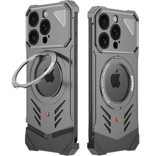 Metall-Schutzhülle für iPhone 16 Pro/16 Pro Max, rahmenloses Aluminium, stoßfest, mit 360° drehbarem Ständer, kompatibel mit MagSafe (Grau, 16 Pro Max) von AdirMi