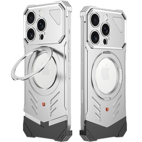 Metall-Schutzhülle für iPhone 16 Pro/16 Pro Max, rahmenloses Aluminium, stoßfest, mit 360° drehbarem Ständer, kompatibel mit MagSafe (Silber, 16 Pro) von AdirMi