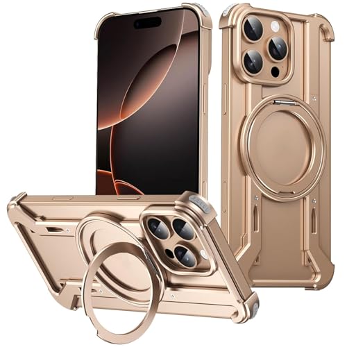 Minimalistische Schutzhülle für iPhone 14 Pro Max, um 360 ° drehbarer Ständerring, Aluminium, Metall, rahmenloses Design, stoßdämpfende Hülle, goldfarben von AdirMi